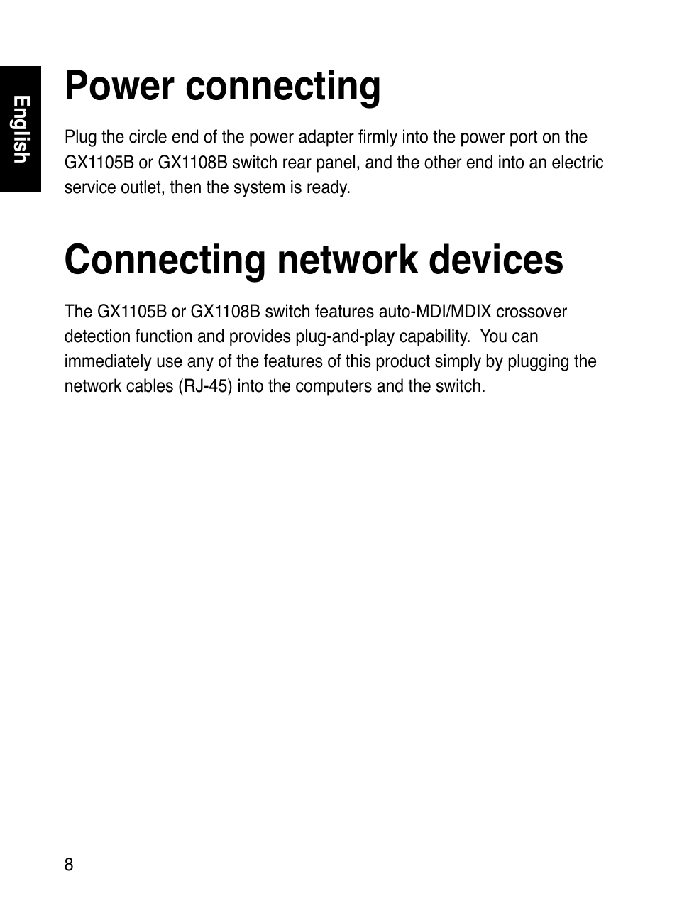 Power connecting, Connecting network devices | Asus GX1108B User Manual | Page 9 / 145