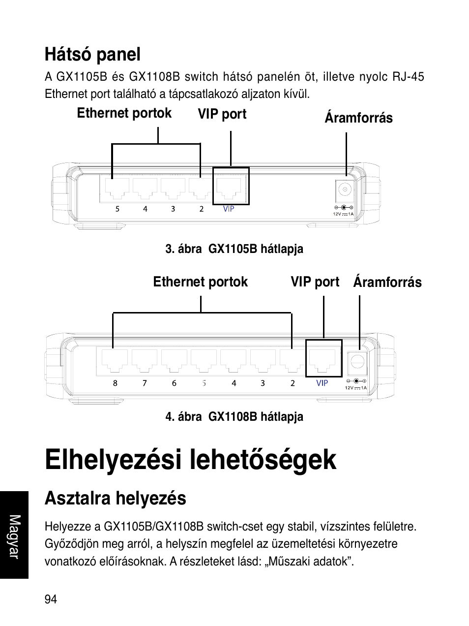 Elhelyezési lehetőségek, Hátsó panel, Asztalra helyezés | Asus GX1108B User Manual | Page 95 / 145