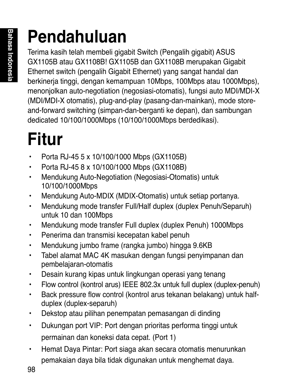 Pendahuluan, Fitur | Asus GX1108B User Manual | Page 99 / 145