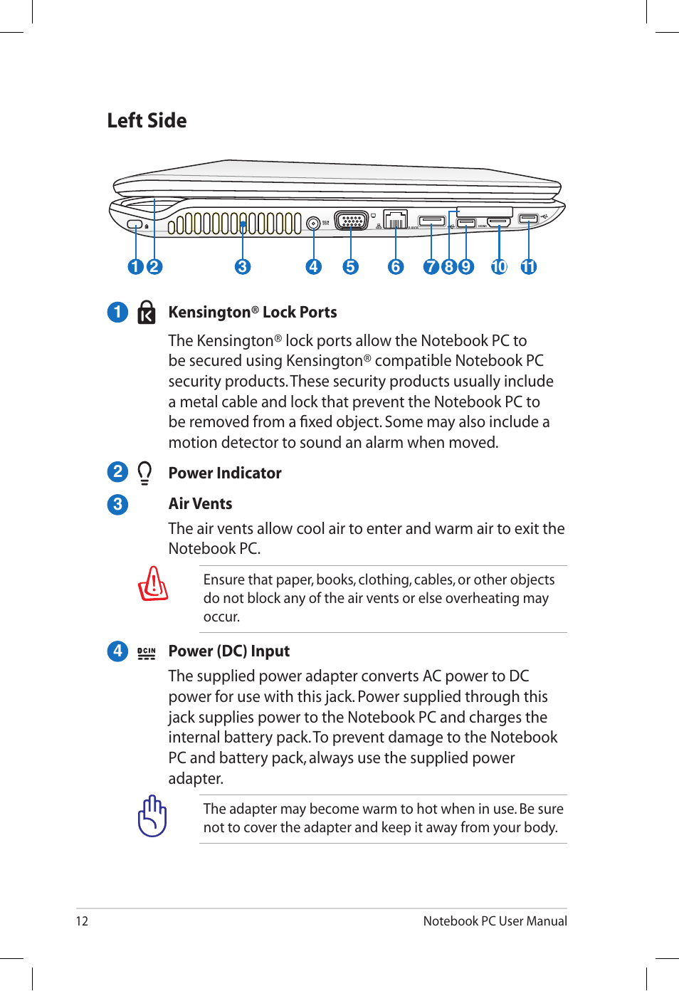 Left side | Asus X77JQ User Manual | Page 12 / 28