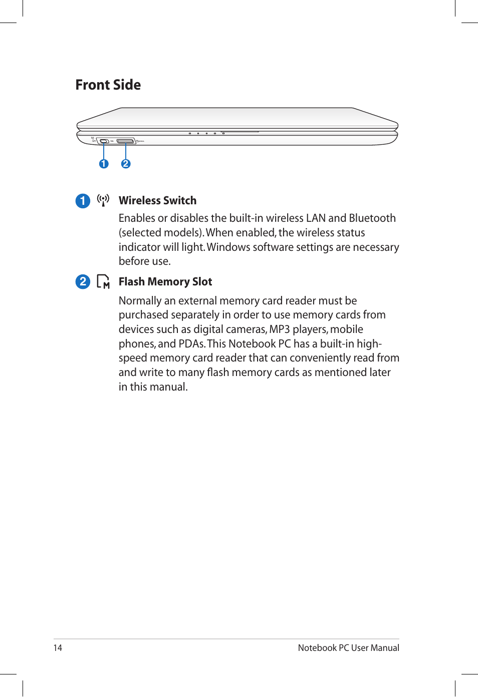 Front side | Asus X77JQ User Manual | Page 14 / 28