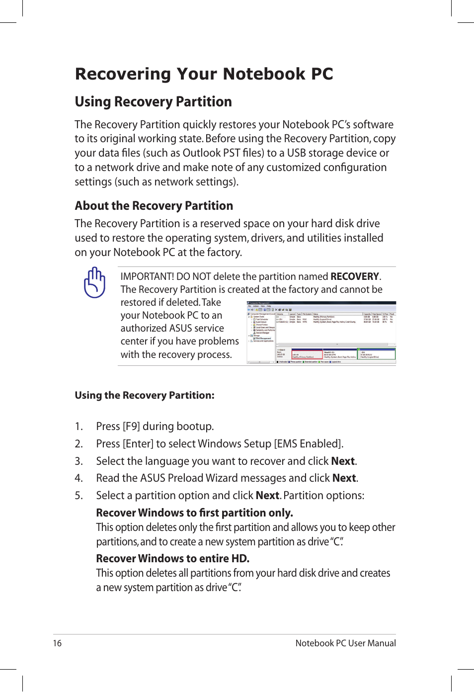 Recovering your notebook pc, Using recovery partition | Asus X77JQ User Manual | Page 16 / 28