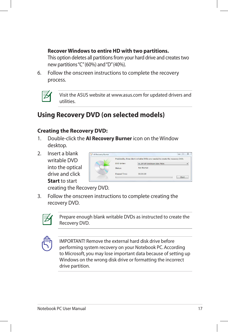 Using recovery dvd (on selected models) | Asus X77JQ User Manual | Page 17 / 28