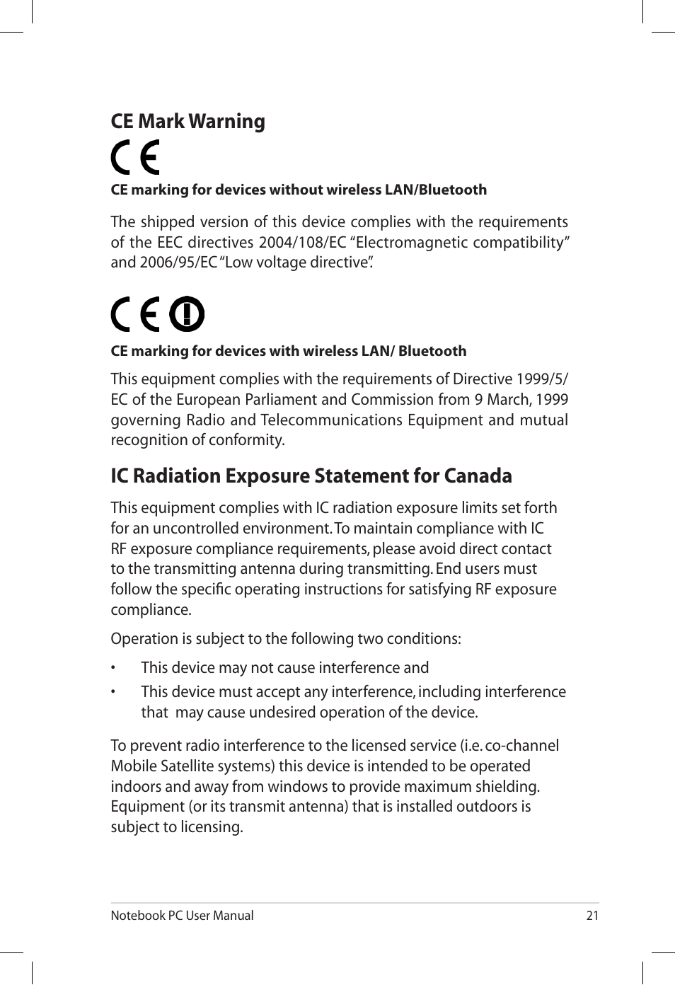 Ce mark warning, Ic radiation exposure statement for canada | Asus X77JQ User Manual | Page 21 / 28