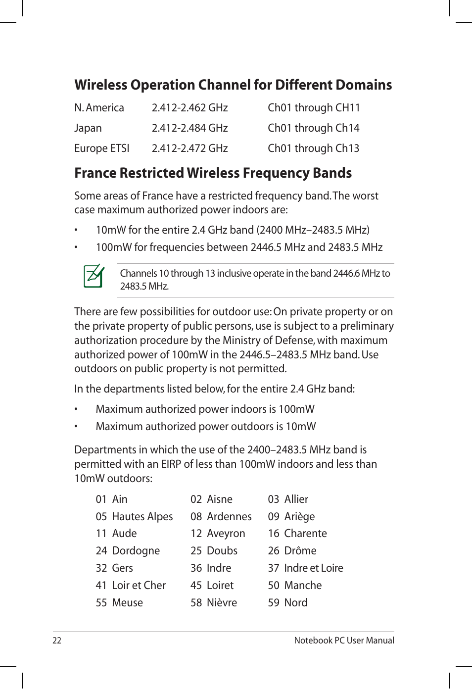 Wireless operation channel for different domains, France restricted wireless frequency bands | Asus X77JQ User Manual | Page 22 / 28