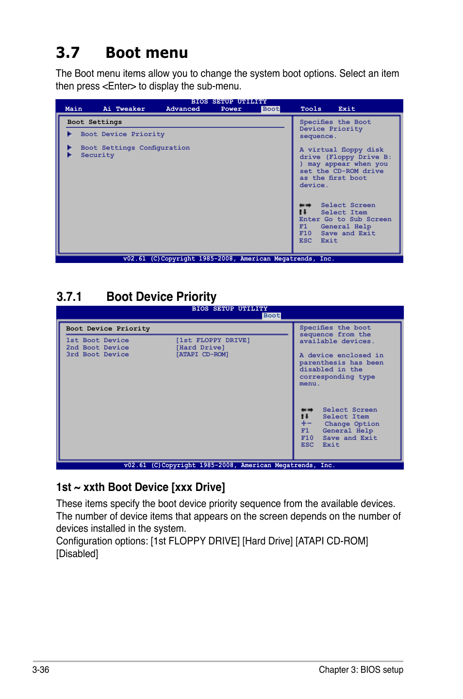 7 boot menu, 1 boot device priority, Boot menu -36 3.7.1 | Boot device priority -36, 1st ~ xxth boot device [xxx drive | Asus P5Q WS User Manual | Page 104 / 176