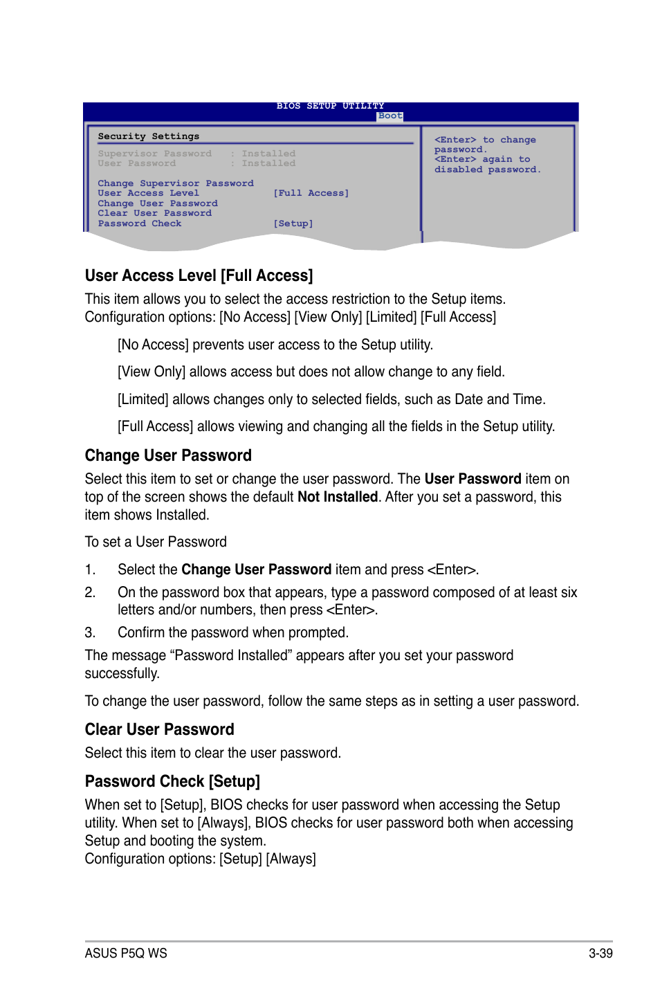 User access level [full access, Change user password, Clear user password | Password check [setup | Asus P5Q WS User Manual | Page 107 / 176