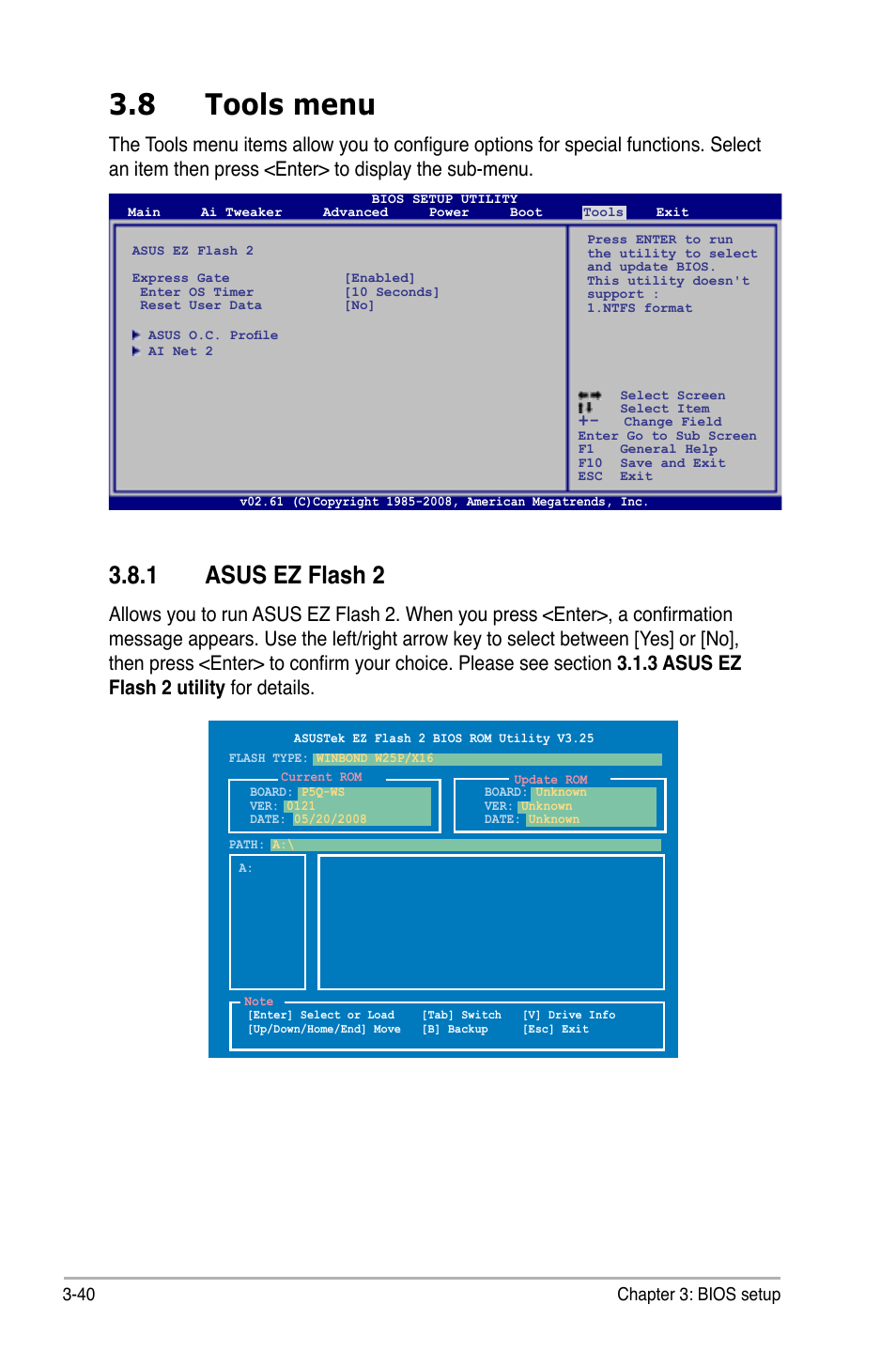 8 tools menu, 1 asus ez flash 2, Tools menu -40 3.8.1 | Asus ez flash 2 -40 | Asus P5Q WS User Manual | Page 108 / 176