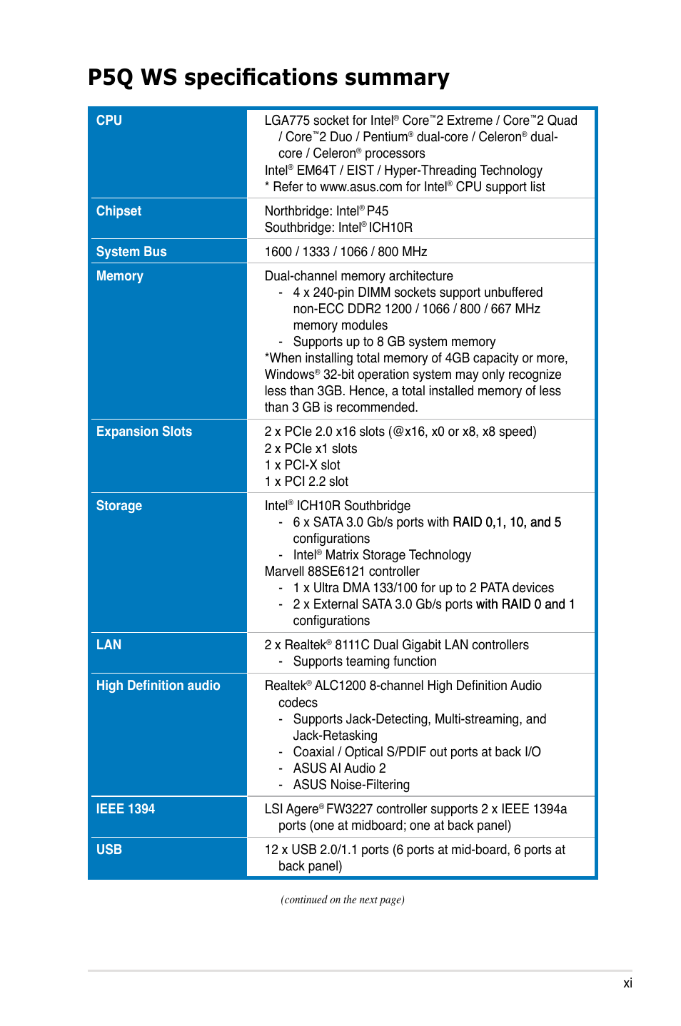 P5q ws specifications summary | Asus P5Q WS User Manual | Page 11 / 176