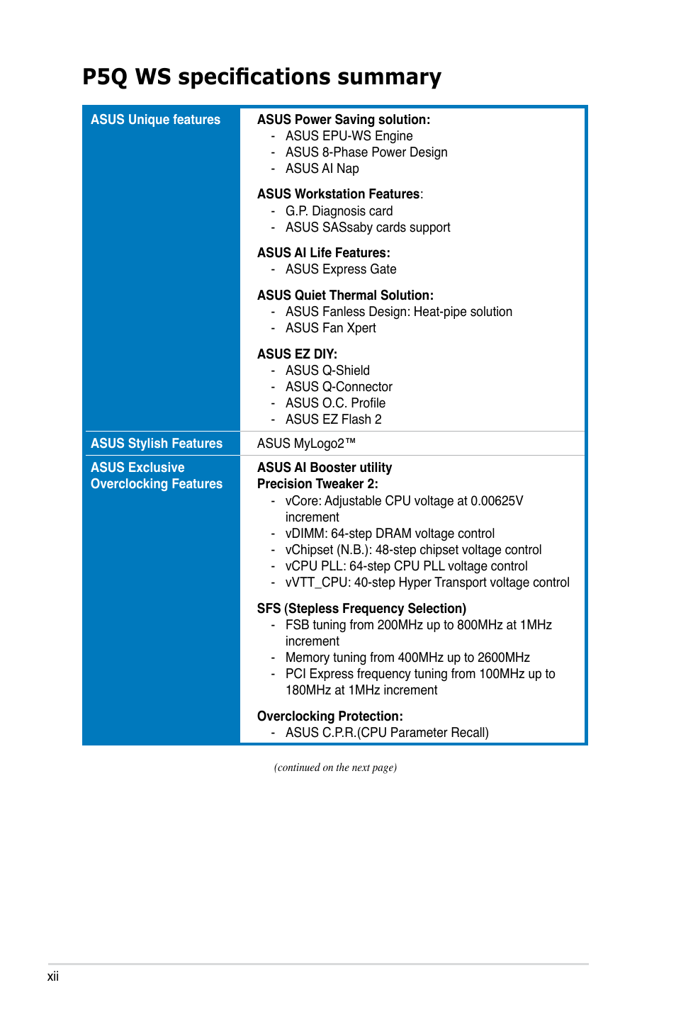 P5q ws specifications summary | Asus P5Q WS User Manual | Page 12 / 176