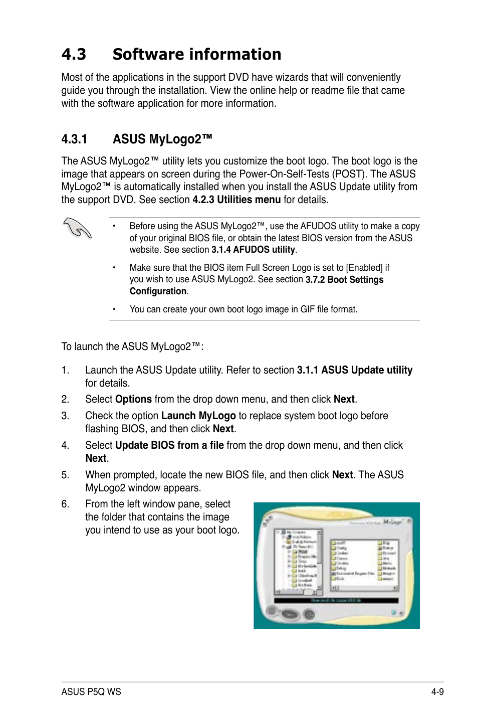 3 software information, 1 asus mylogo2, Software information -9 4.3.1 | Asus mylogo2™ -9 | Asus P5Q WS User Manual | Page 123 / 176