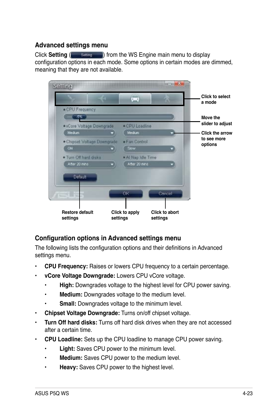 Advanced settings menu, Configuration options in advanced settings menu | Asus P5Q WS User Manual | Page 137 / 176