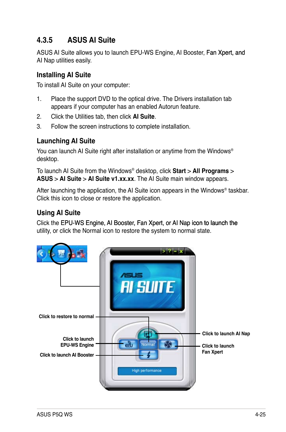 5 asus ai suite, 5 asus ai suite -25, Installing ai suite | Launching ai suite, Using ai suite | Asus P5Q WS User Manual | Page 139 / 176