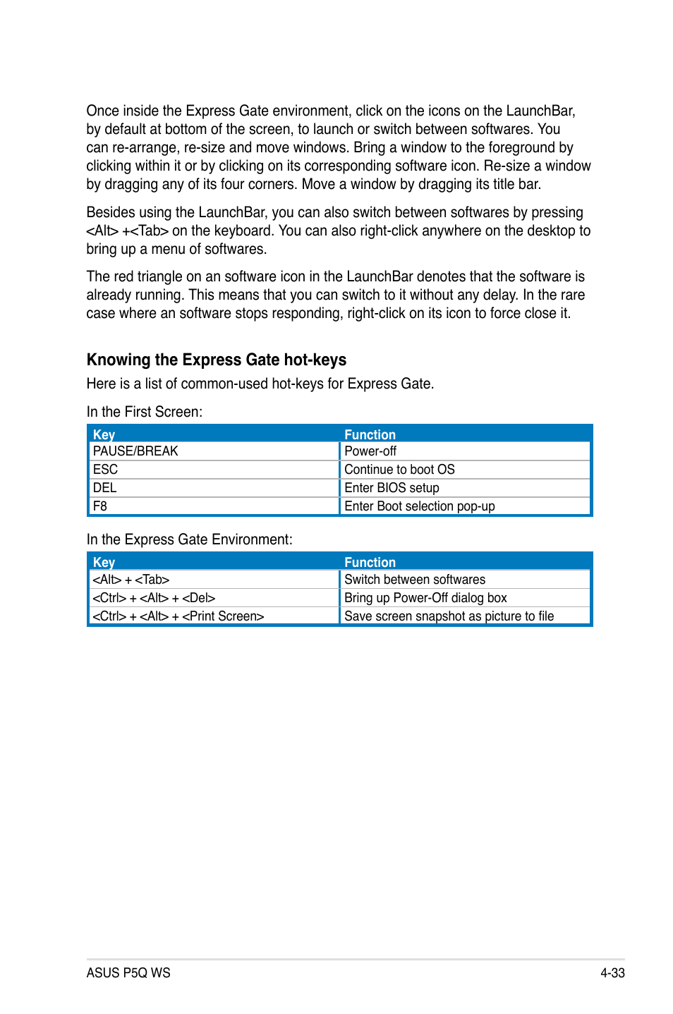 Knowing the express gate hot-keys | Asus P5Q WS User Manual | Page 147 / 176