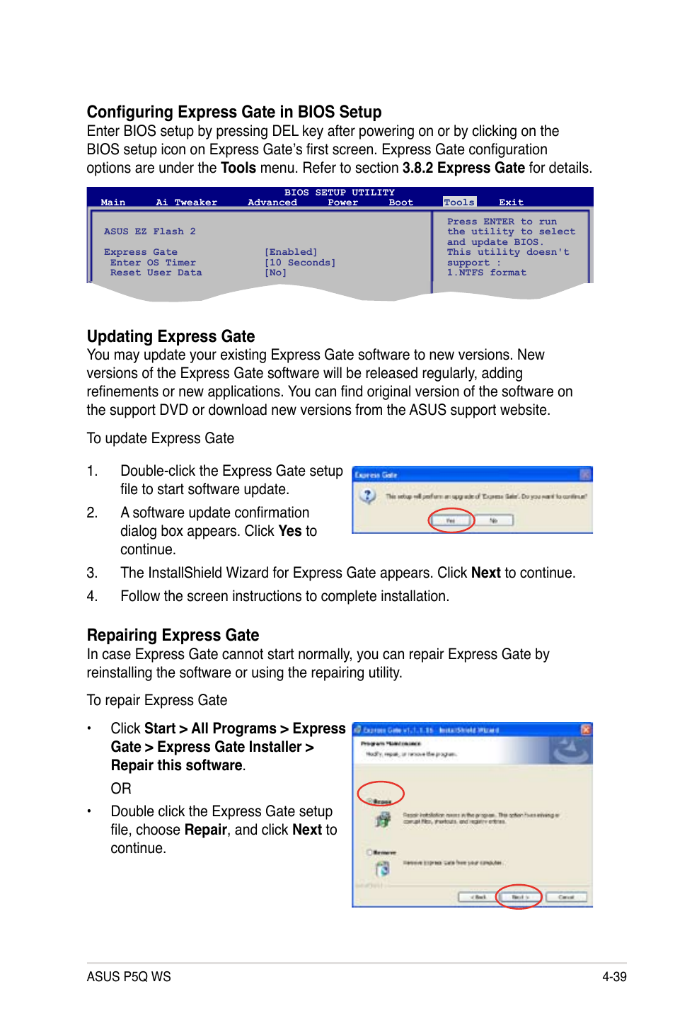 Configuring express gate in bios setup, Updating express gate, Repairing express gate | Asus P5Q WS User Manual | Page 153 / 176