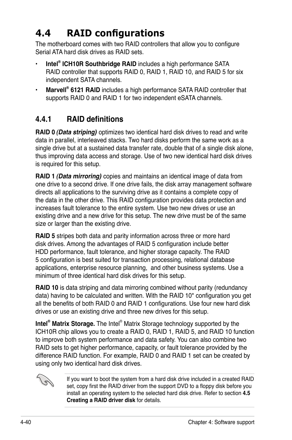 4 raid configurations, 1 raid definitions, Raid configurations -40 4.4.1 | Raid definitions -40 | Asus P5Q WS User Manual | Page 154 / 176