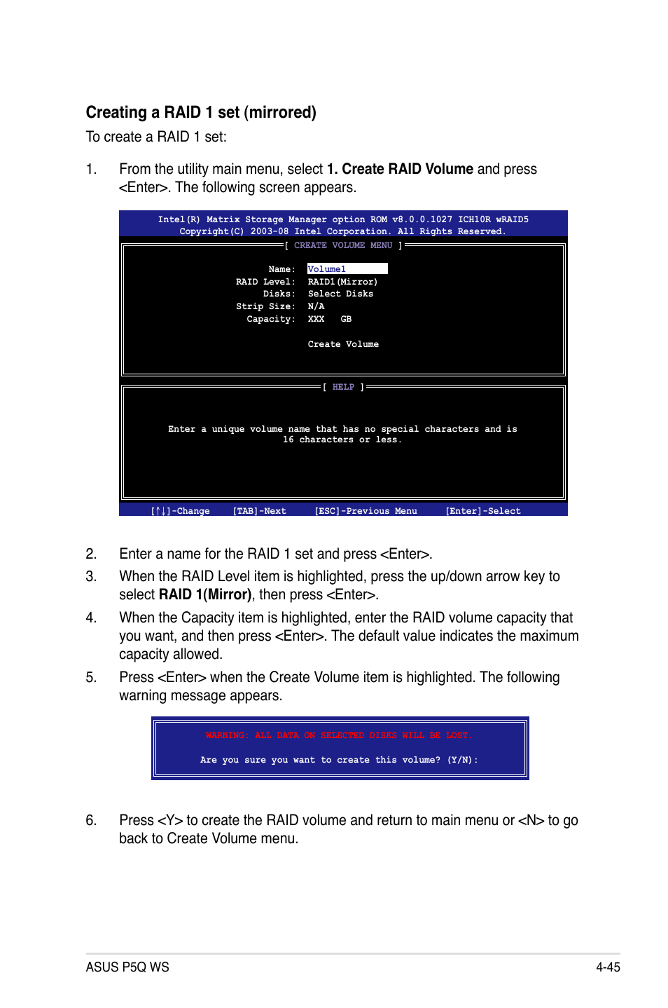 Creating a raid 1 set (mirrored) | Asus P5Q WS User Manual | Page 159 / 176