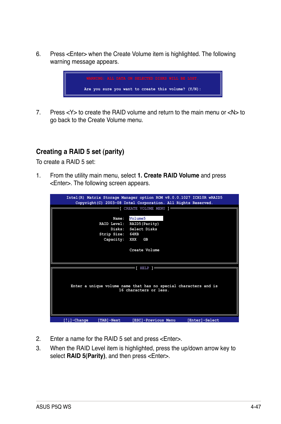 Creating a raid 5 set (parity) | Asus P5Q WS User Manual | Page 161 / 176