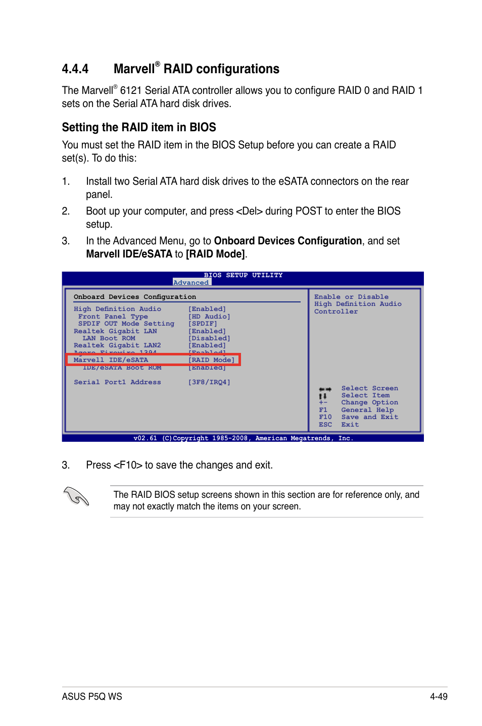 4 marvell® raid configurations, Marvell, Raid configurations -49 | 4 marvell, Raid configurations, Setting the raid item in bios, The marvell | Asus P5Q WS User Manual | Page 163 / 176