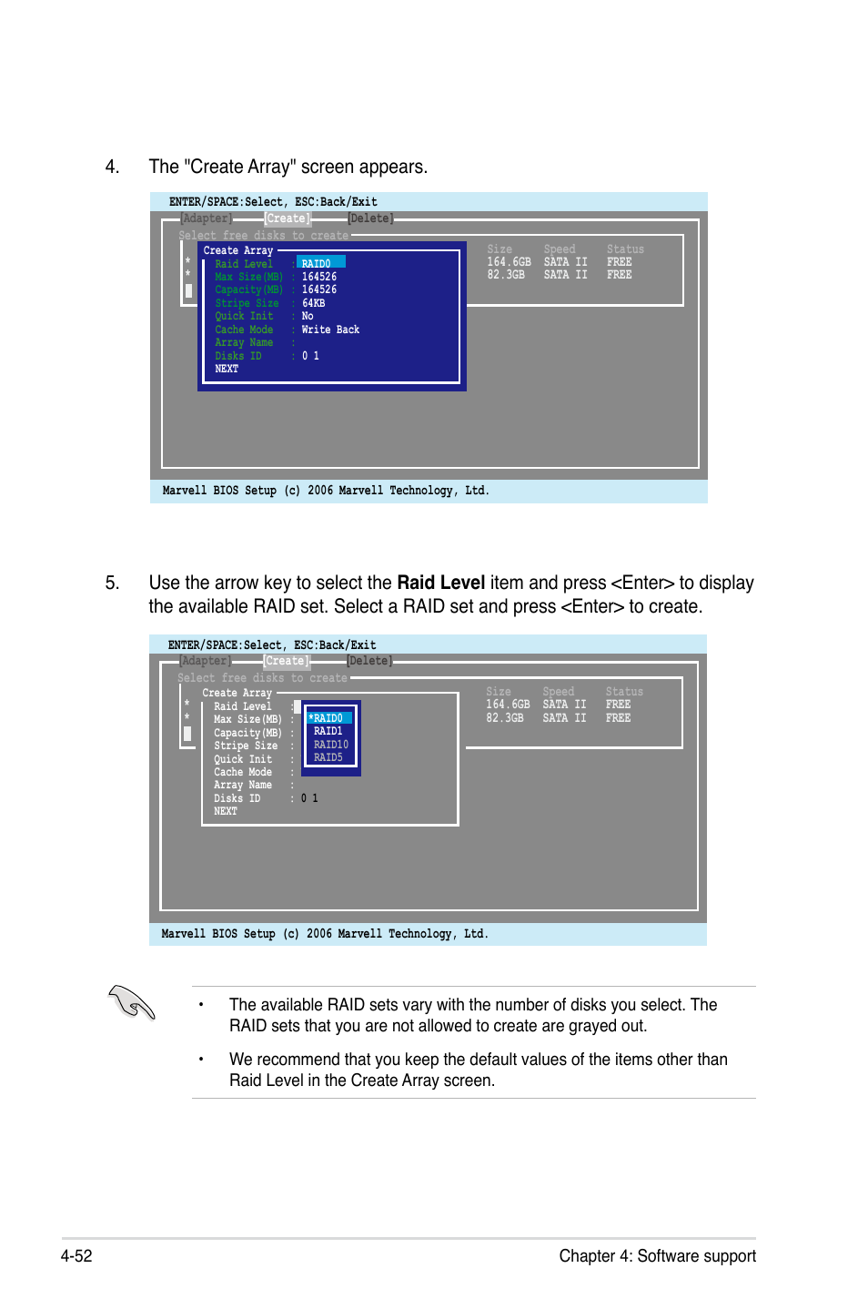 The "create array" screen appears | Asus P5Q WS User Manual | Page 166 / 176