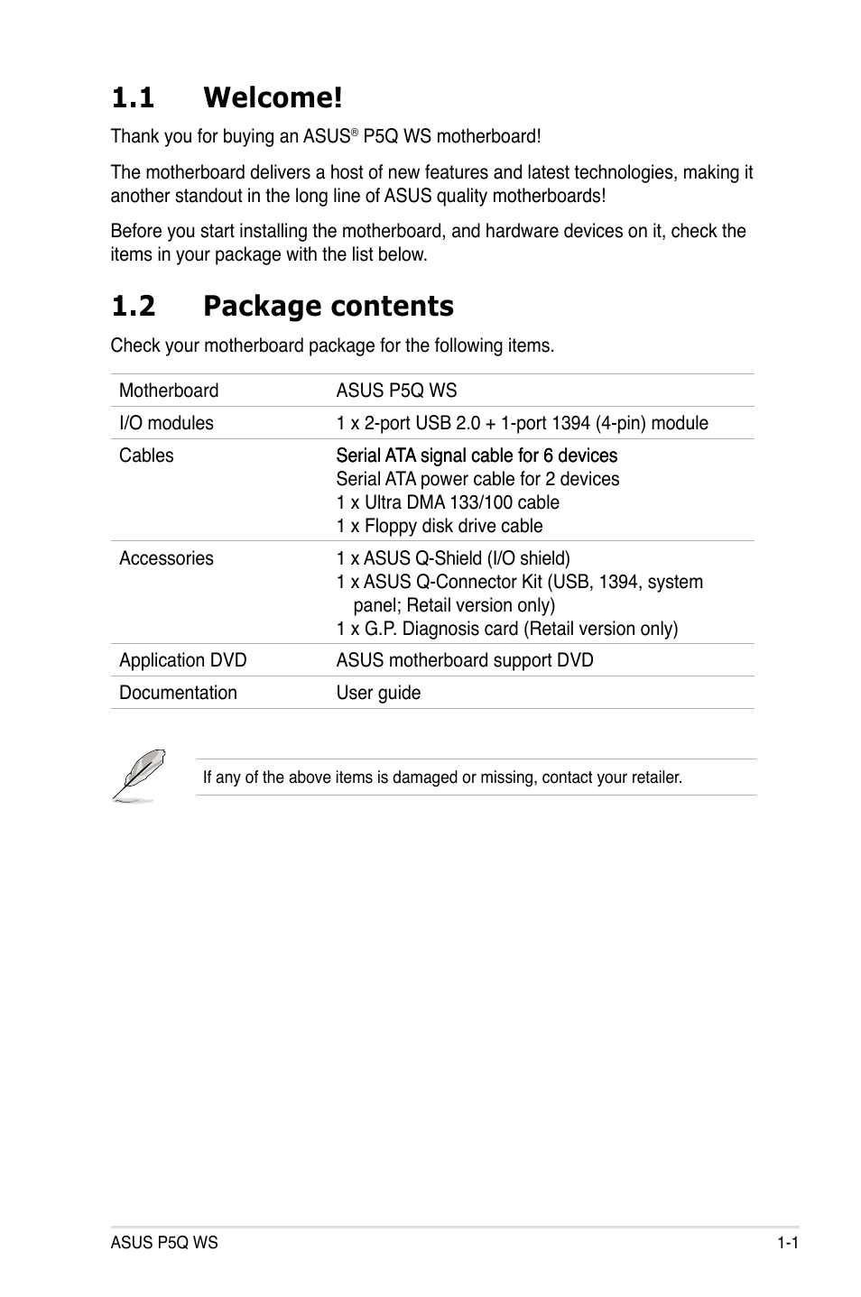 1 welcome, 2 package contents, Welcome! -1 | Package contents -1 | Asus P5Q WS User Manual | Page 17 / 176