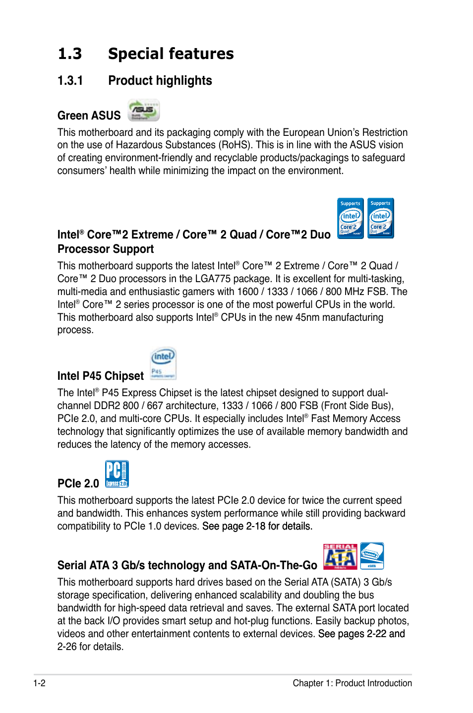 3 special features, 1 product highlights, Special features -2 1.3.1 | Product highlights -2 | Asus P5Q WS User Manual | Page 18 / 176