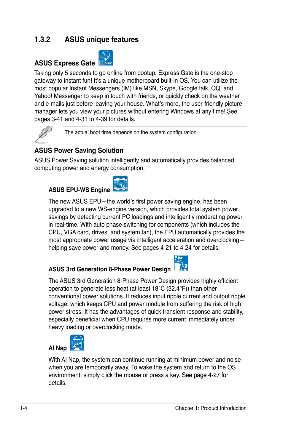 2 asus unique features, Asus unique features -4 | Asus P5Q WS User Manual | Page 20 / 176