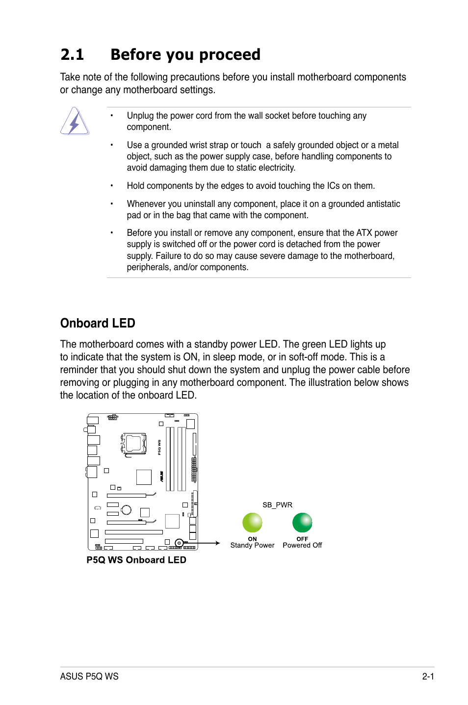 1 before you proceed, Onboard led, Before you proceed -1 onboard led -1 | Asus P5Q WS User Manual | Page 27 / 176