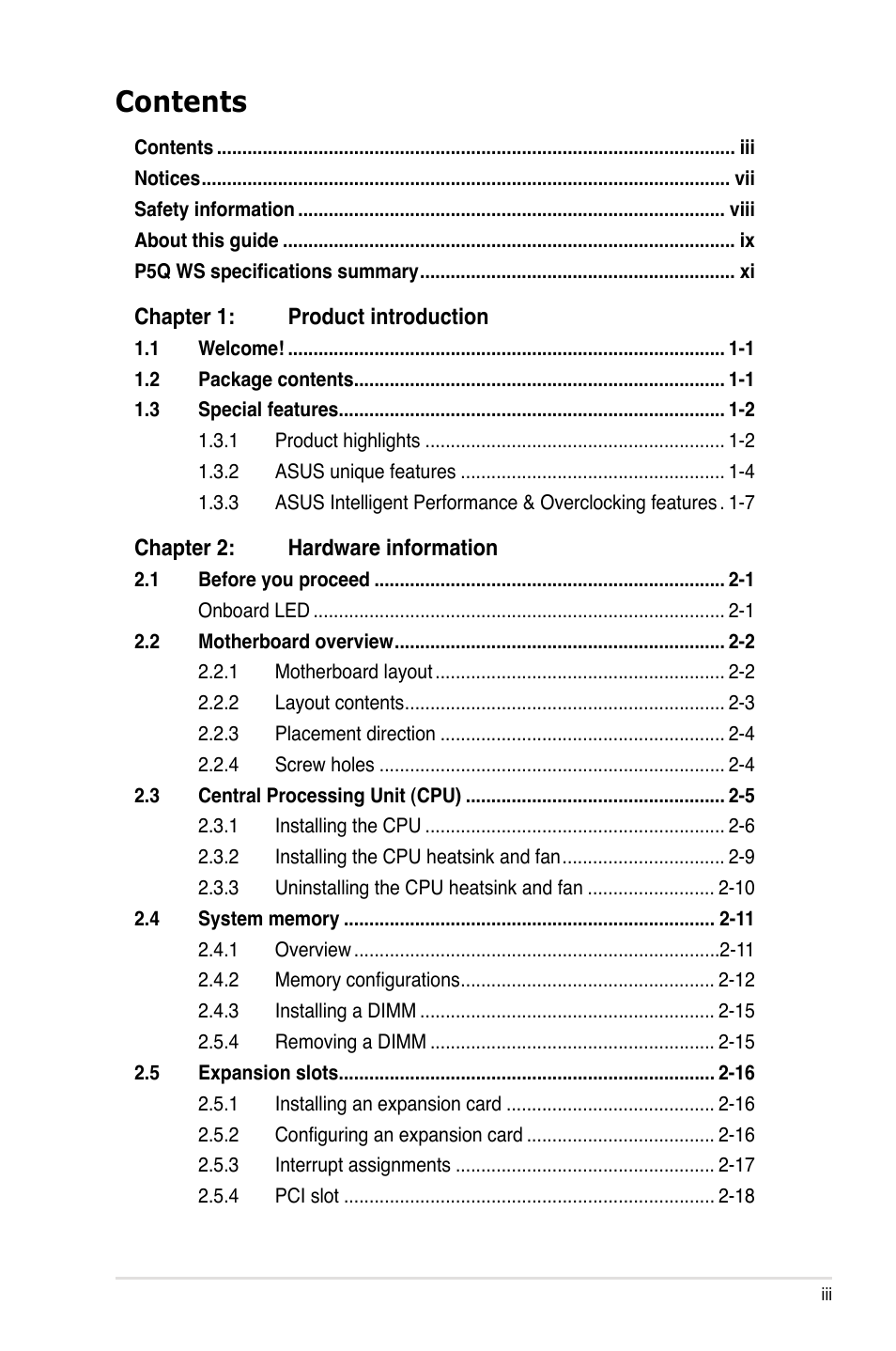 Asus P5Q WS User Manual | Page 3 / 176