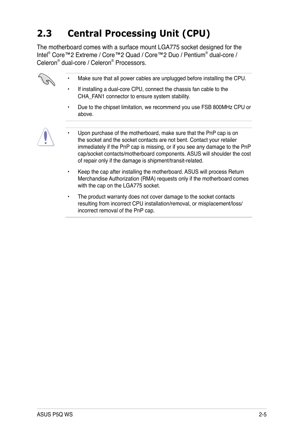 3 central processing unit (cpu), Central processing unit (cpu) -5 | Asus P5Q WS User Manual | Page 31 / 176