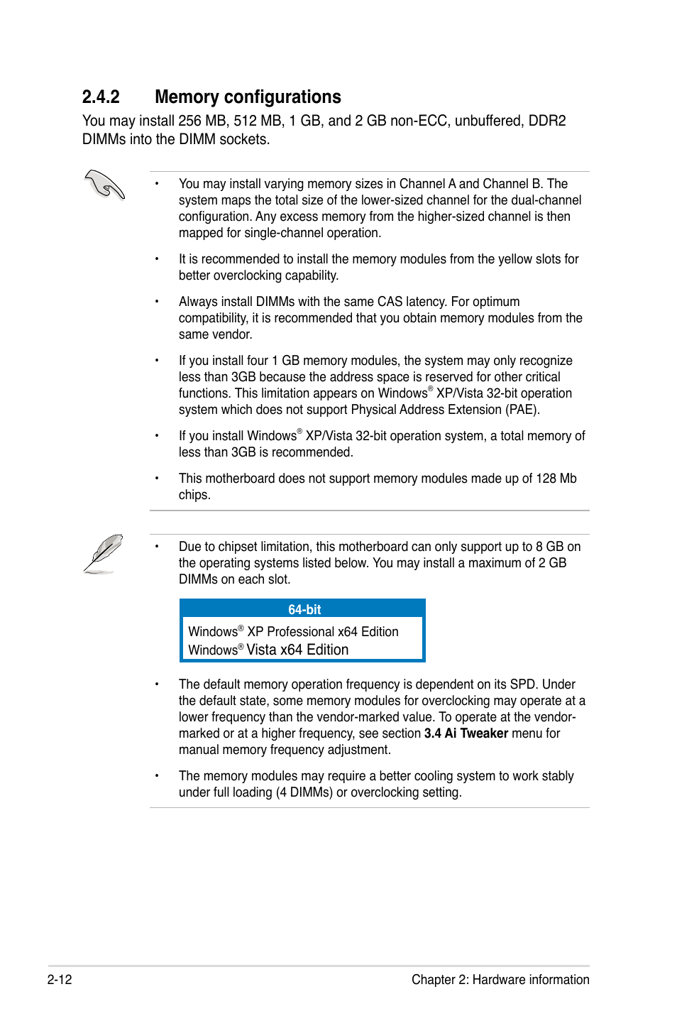 2 memory configurations, Memory configurations -12 | Asus P5Q WS User Manual | Page 38 / 176