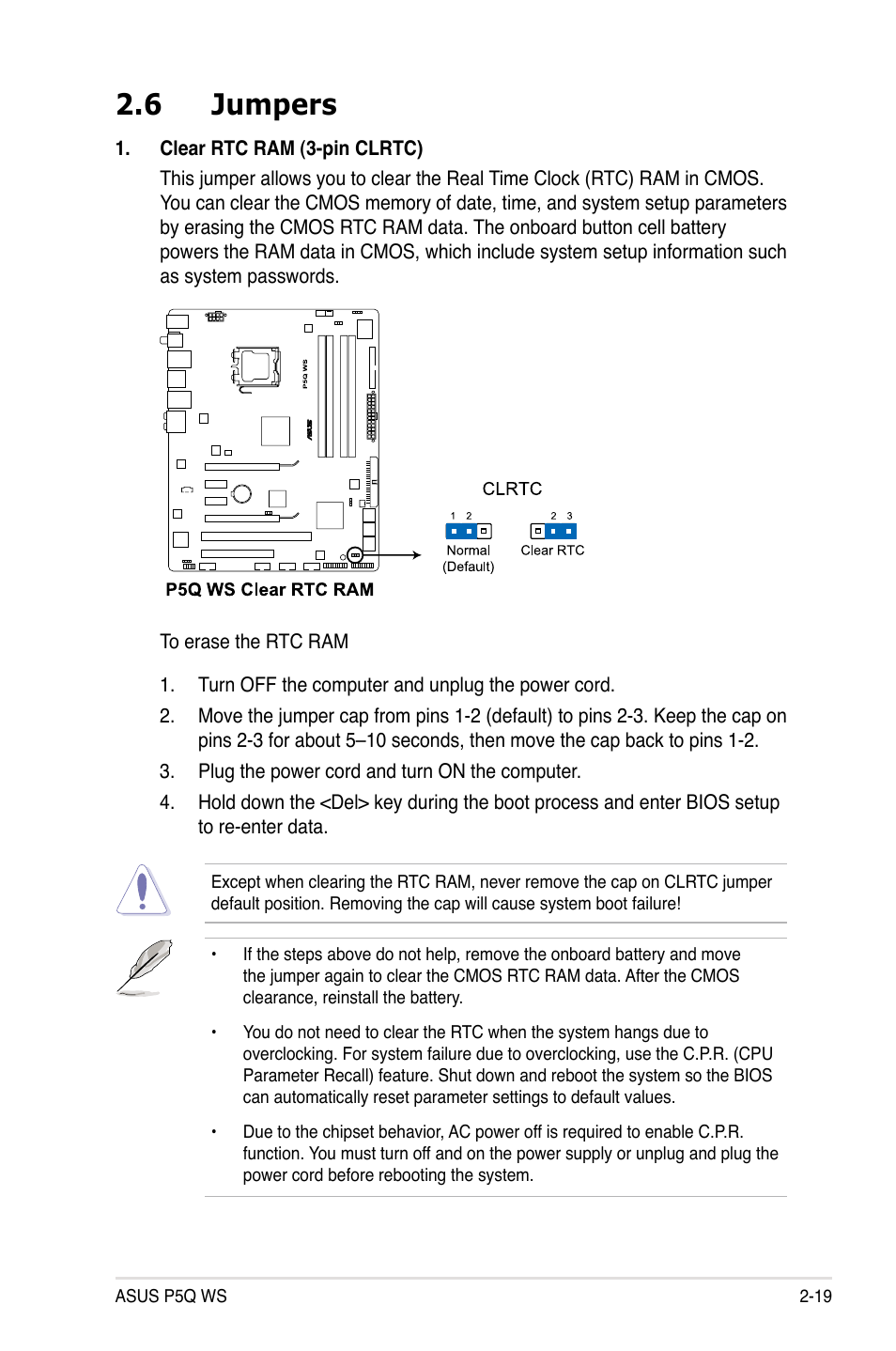 6 jumpers, Jumpers -19 | Asus P5Q WS User Manual | Page 45 / 176