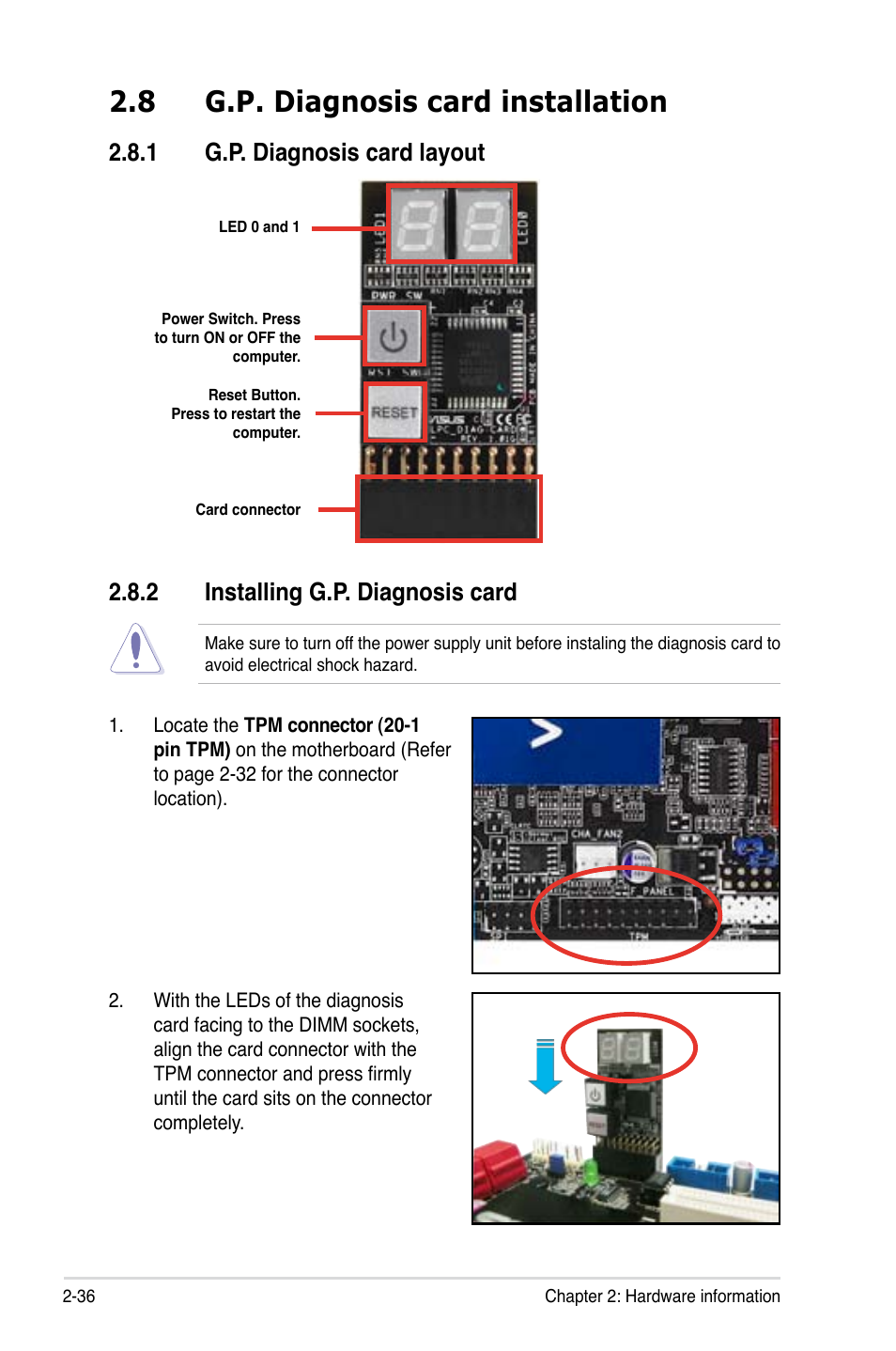 8 g.p. diagnosis card installation, 1 g.p. diagnosis card layout, 2 installing g.p. diagnosis card | G.p. diagnosis card installation -36 2.8.1, G.p. diagnosis card layout -36, Installing g.p. diagnosis card -36 | Asus P5Q WS User Manual | Page 62 / 176