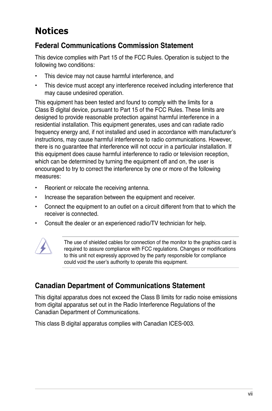 Notices, Federal communications commission statement, Canadian department of communications statement | Asus P5Q WS User Manual | Page 7 / 176