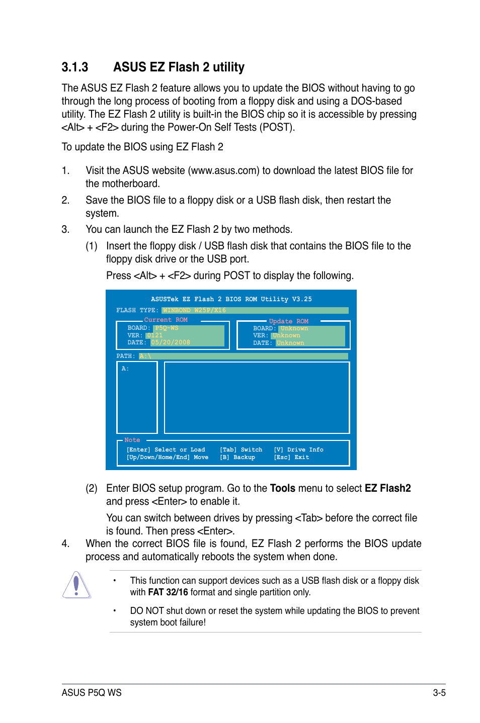 3 asus ez flash 2 utility, Asus ez flash 2 utility -5 | Asus P5Q WS User Manual | Page 73 / 176