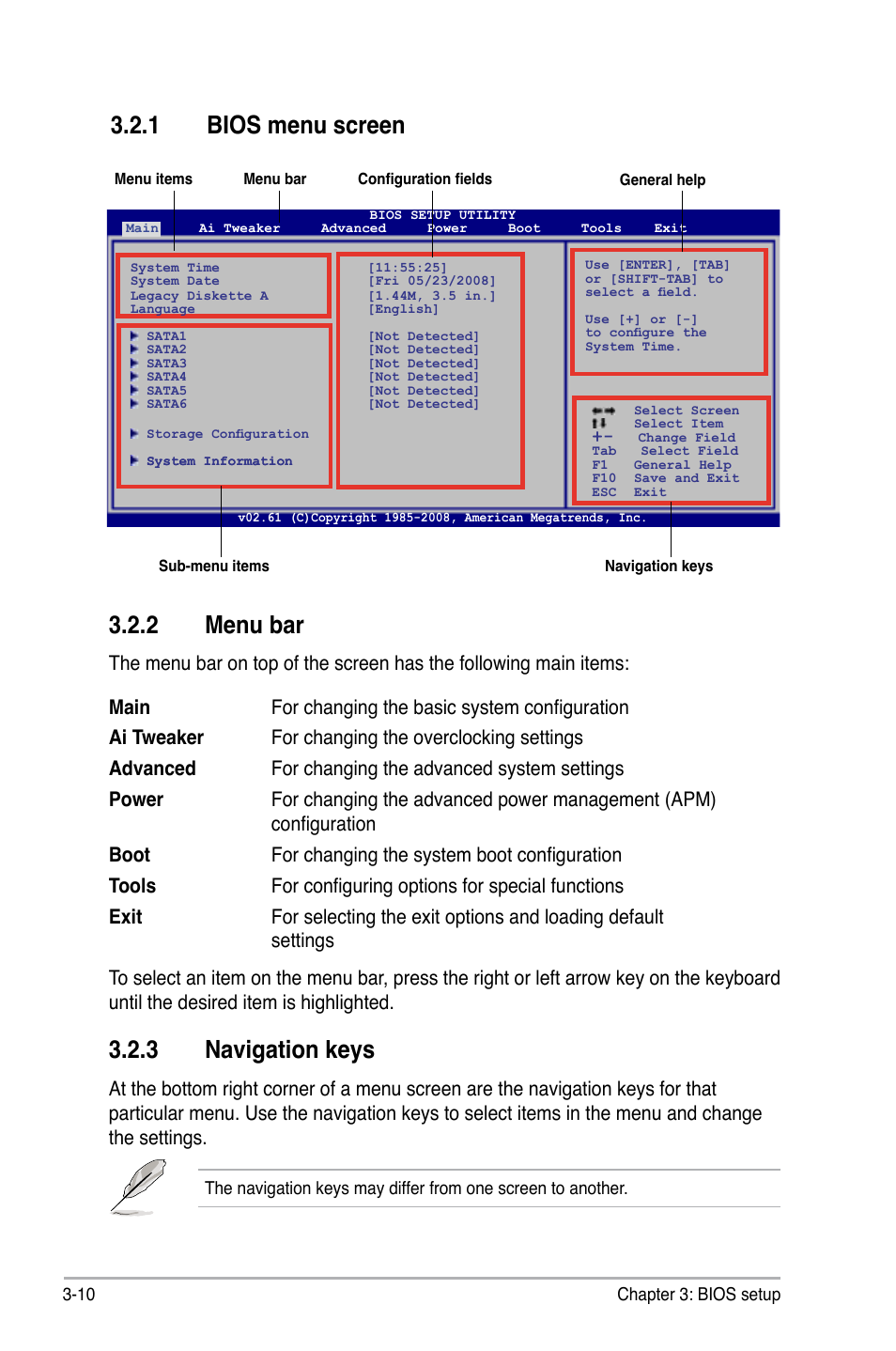 1 bios menu screen, 2 menu bar, 3 navigation keys | Bios menu screen -10, Menu bar -10, Navigation keys -10 | Asus P5Q WS User Manual | Page 78 / 176