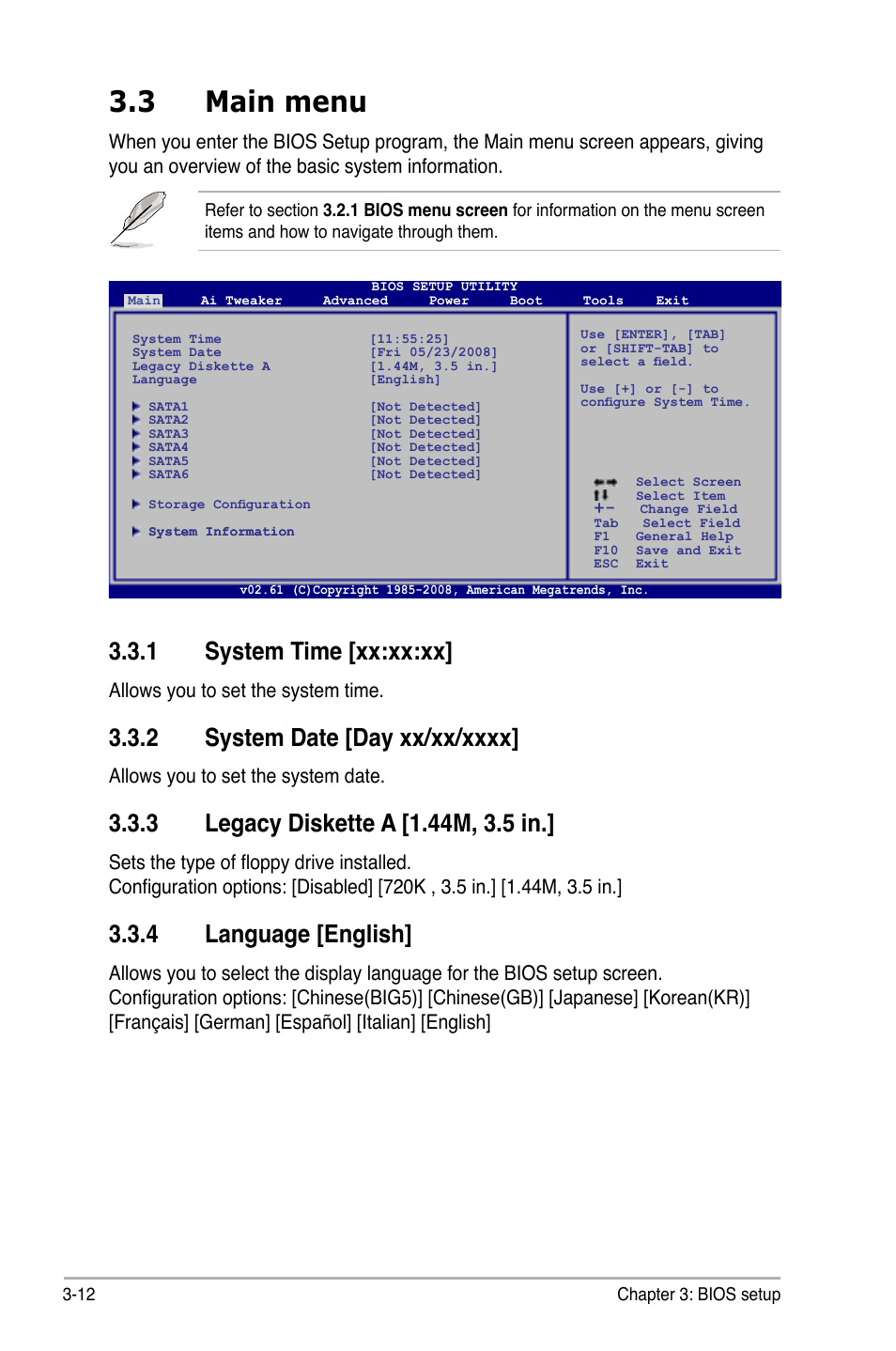 3 main menu, 1 system time [xx:xx:xx, 2 system date [day xx/xx/xxxx | 3 legacy diskette a [1.44m, 3.5 in, 4 language [english, Main menu -12 3.3.1, System time -12, System date -12, Legacy diskette a -12, Language -12 | Asus P5Q WS User Manual | Page 80 / 176