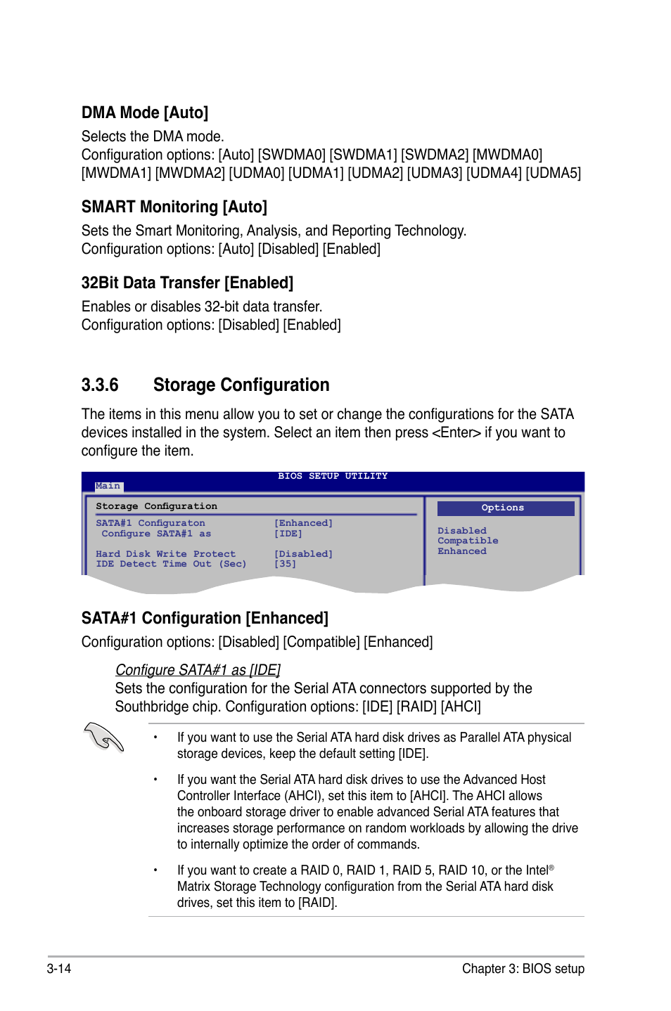 6 storage configuration, Storage configuration -14, Dma mode [auto | Smart monitoring [auto, 32bit data transfer [enabled, Sata#1 configuration [enhanced | Asus P5Q WS User Manual | Page 82 / 176