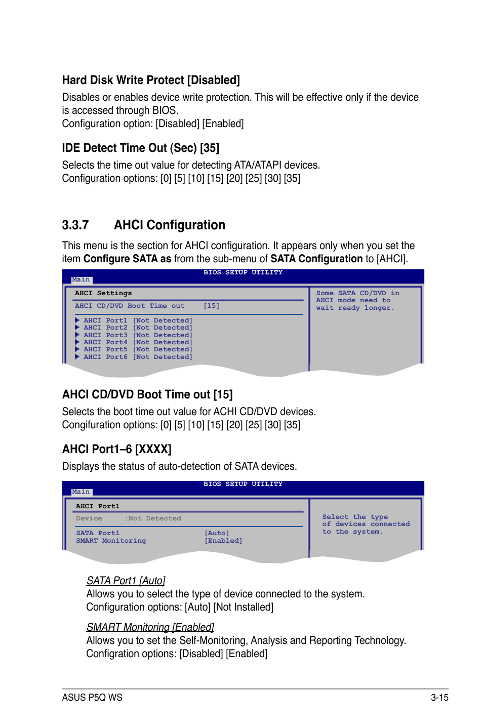 7 ahci configuration, Ahci configuration -15, Hard disk write protect [disabled | Ide detect time out (sec) [35, Ahci cd/dvd boot time out [15 | Asus P5Q WS User Manual | Page 83 / 176