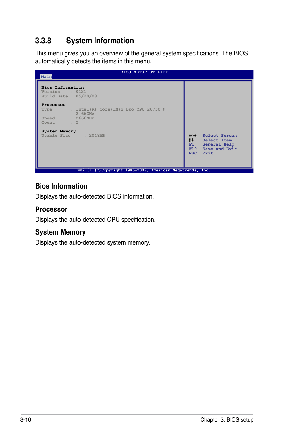 8 system information, System information -16, Bios information | Processor, Displays the auto-detected bios information, Displays the auto-detected cpu specification | Asus P5Q WS User Manual | Page 84 / 176