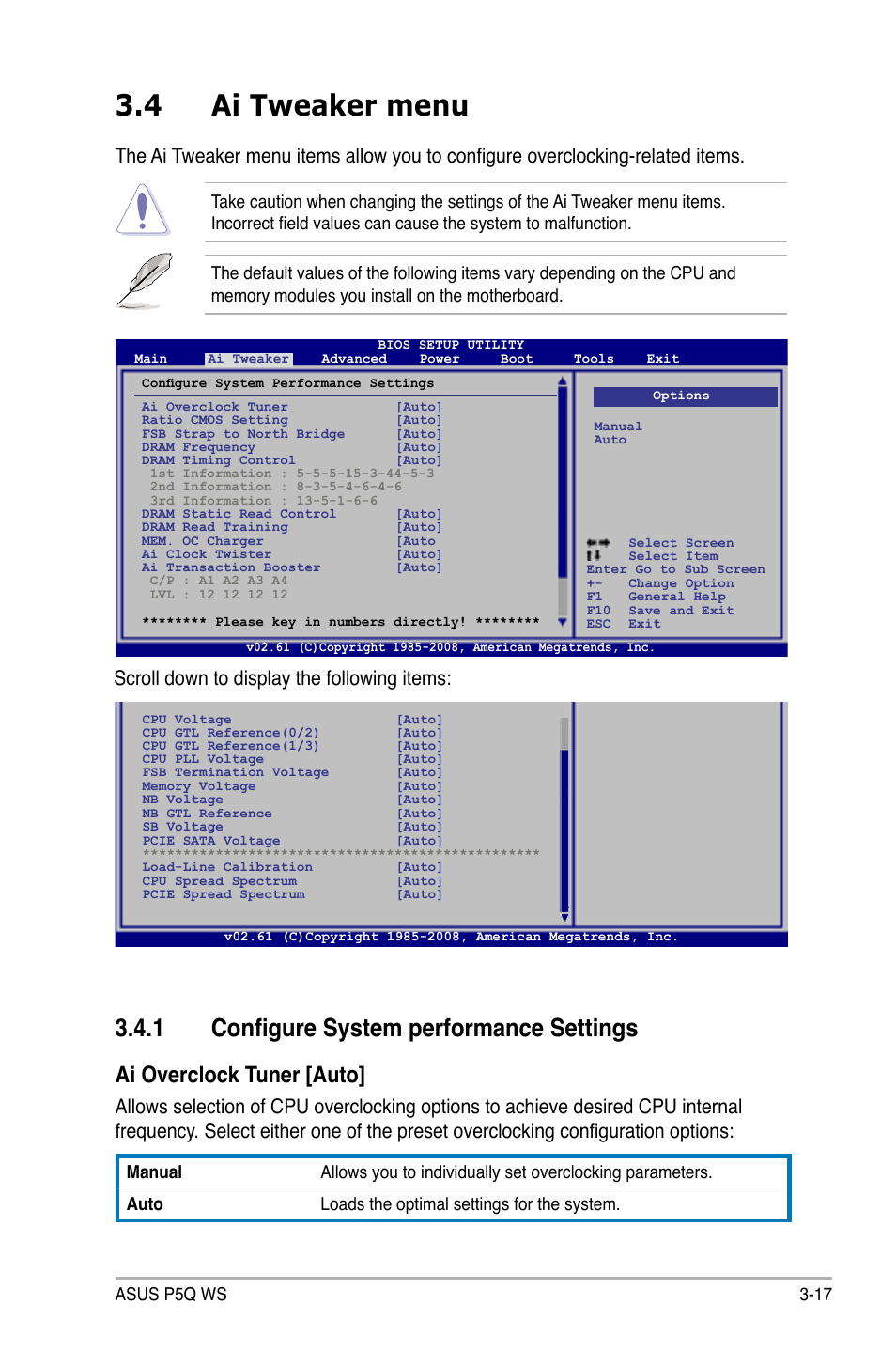 4 ai tweaker menu, 1 configure system performance settings, Ai tweaker menu -17 3.4.1 | Configure system performance settings -17, Ai overclock tuner [auto, Scroll down to display the following items, Asus p5q ws 3-17 | Asus P5Q WS User Manual | Page 85 / 176