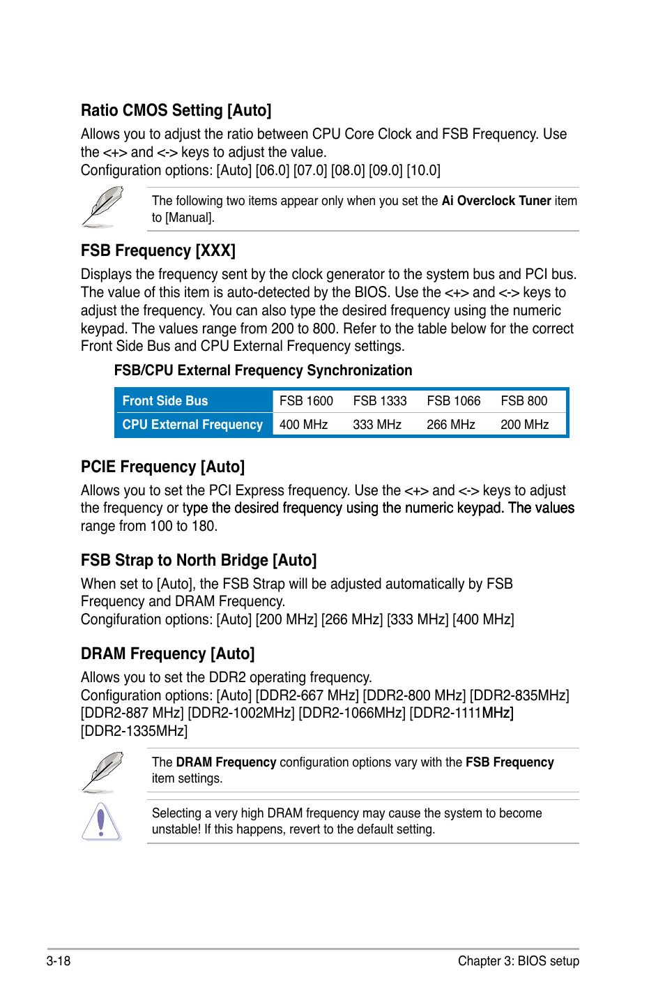 Ratio cmos setting [auto, Fsb frequency [xxx, Pcie frequency [auto | Fsb strap to north bridge [auto, Dram frequency [auto | Asus P5Q WS User Manual | Page 86 / 176