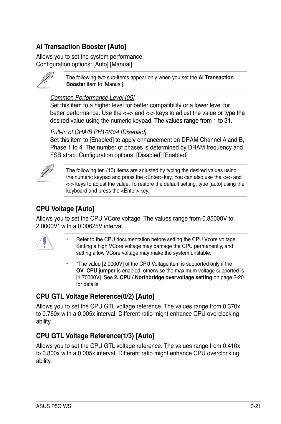 Ai transaction booster [auto, Cpu voltage [auto, Cpu gtl voltage reference(0/2) [auto | Cpu gtl voltage reference(1/3) [auto | Asus P5Q WS User Manual | Page 89 / 176