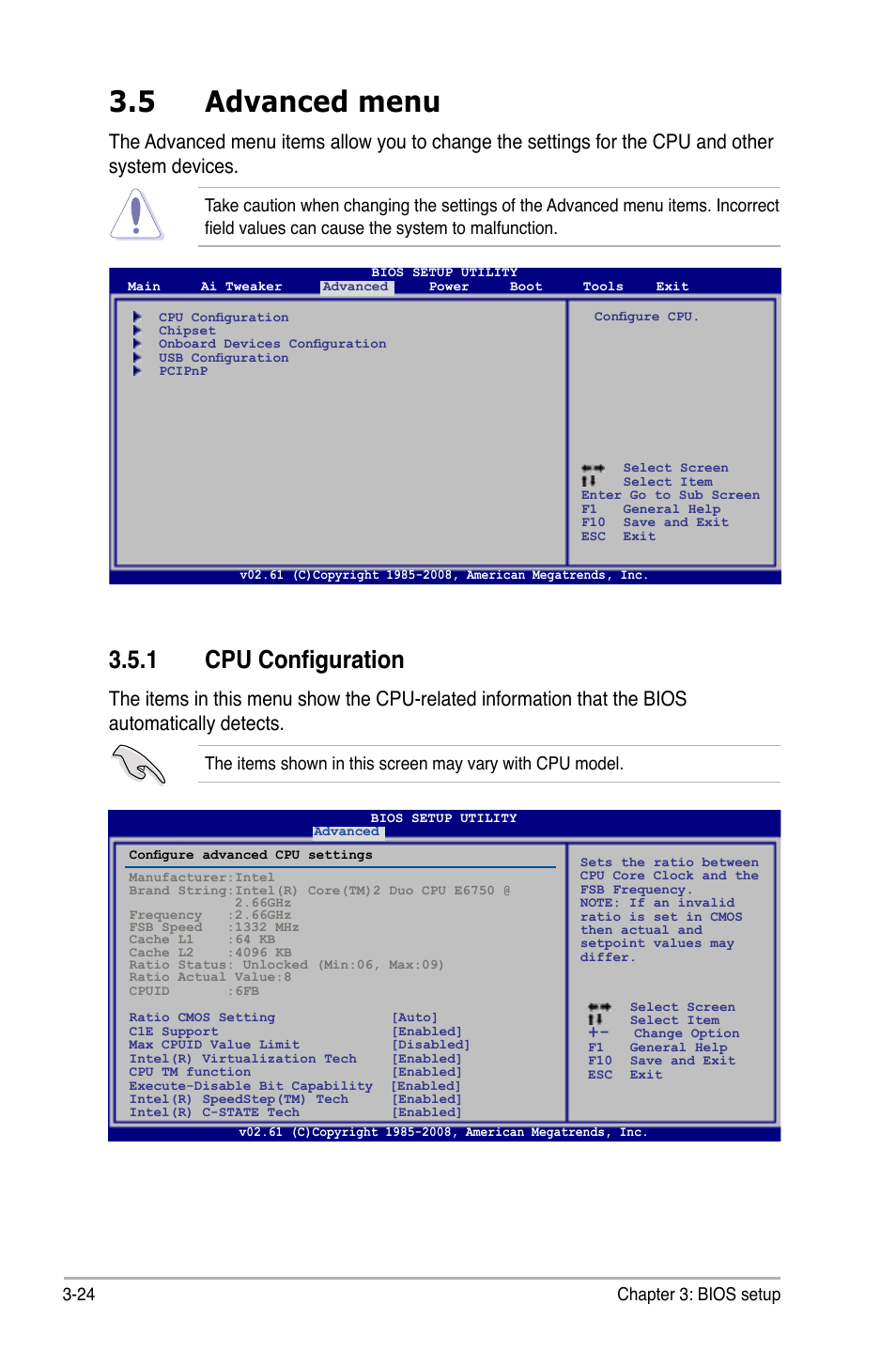 5 advanced menu, 1 cpu configuration, Advanced menu -24 3.5.1 | Cpu configuration -24, 24 chapter 3: bios setup | Asus P5Q WS User Manual | Page 92 / 176