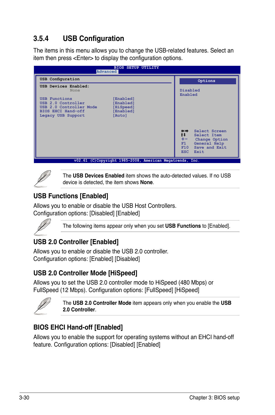 4 usb configuration, Usb configuration -30, Usb functions [enabled | Usb 2.0 controller [enabled, Usb 2.0 controller mode [hispeed, Bios ehci hand-off [enabled | Asus P5Q WS User Manual | Page 98 / 176