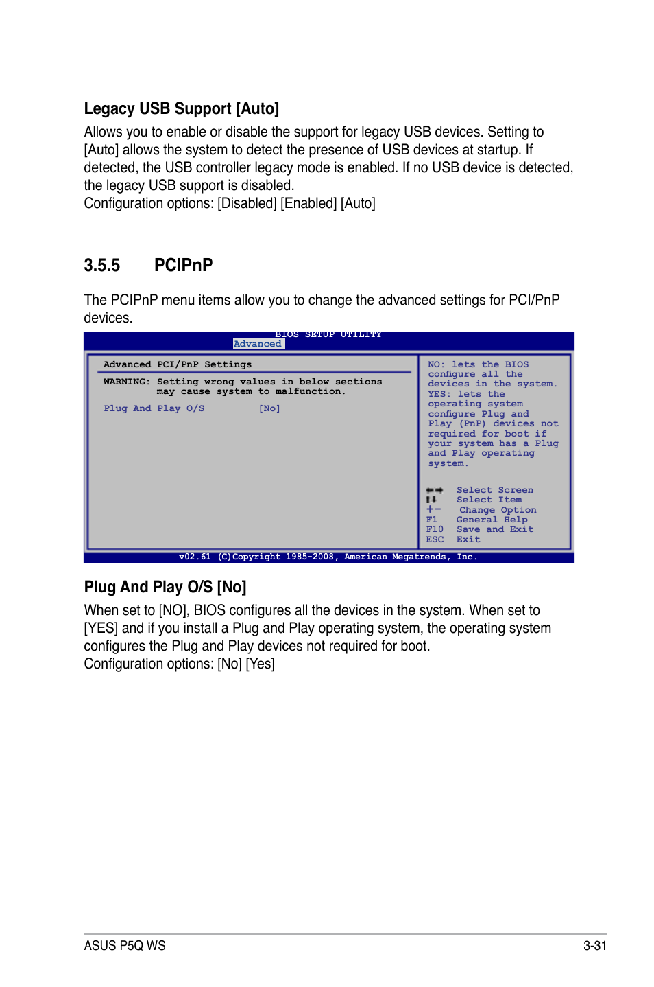 5 pcipnp, Pcipnp -31, Plug and play o/s [no | Legacy usb support [auto | Asus P5Q WS User Manual | Page 99 / 176