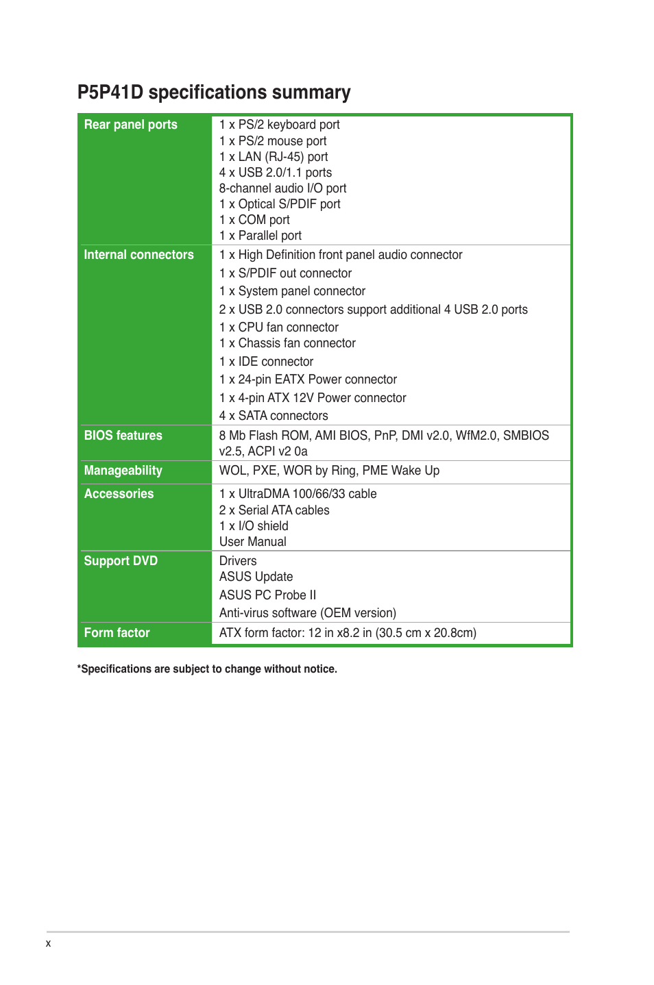 P5p41d specifications summary | Asus P5P41D User Manual | Page 10 / 58