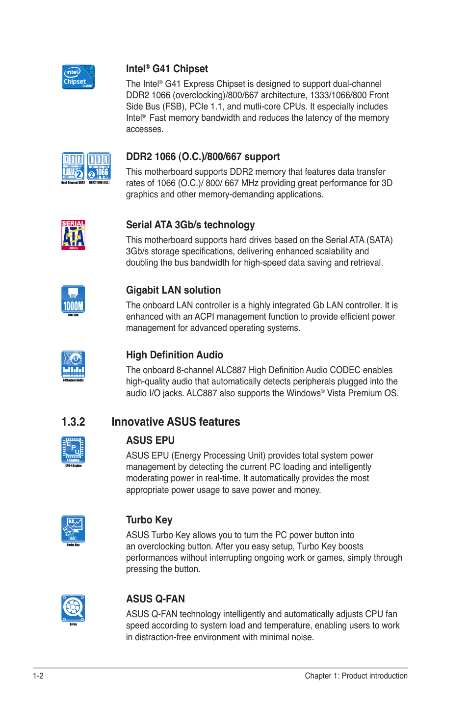 2 innovative asus features, Innovative asus features -2 | Asus P5P41D User Manual | Page 12 / 58