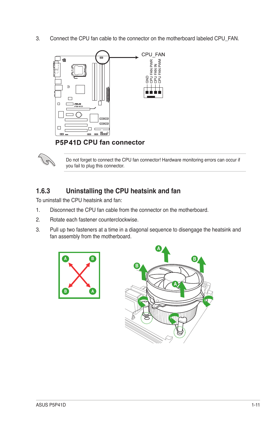 3 uninstalling the cpu heatsink and fan, Uninstalling the cpu heatsink and fan -11 | Asus P5P41D User Manual | Page 21 / 58