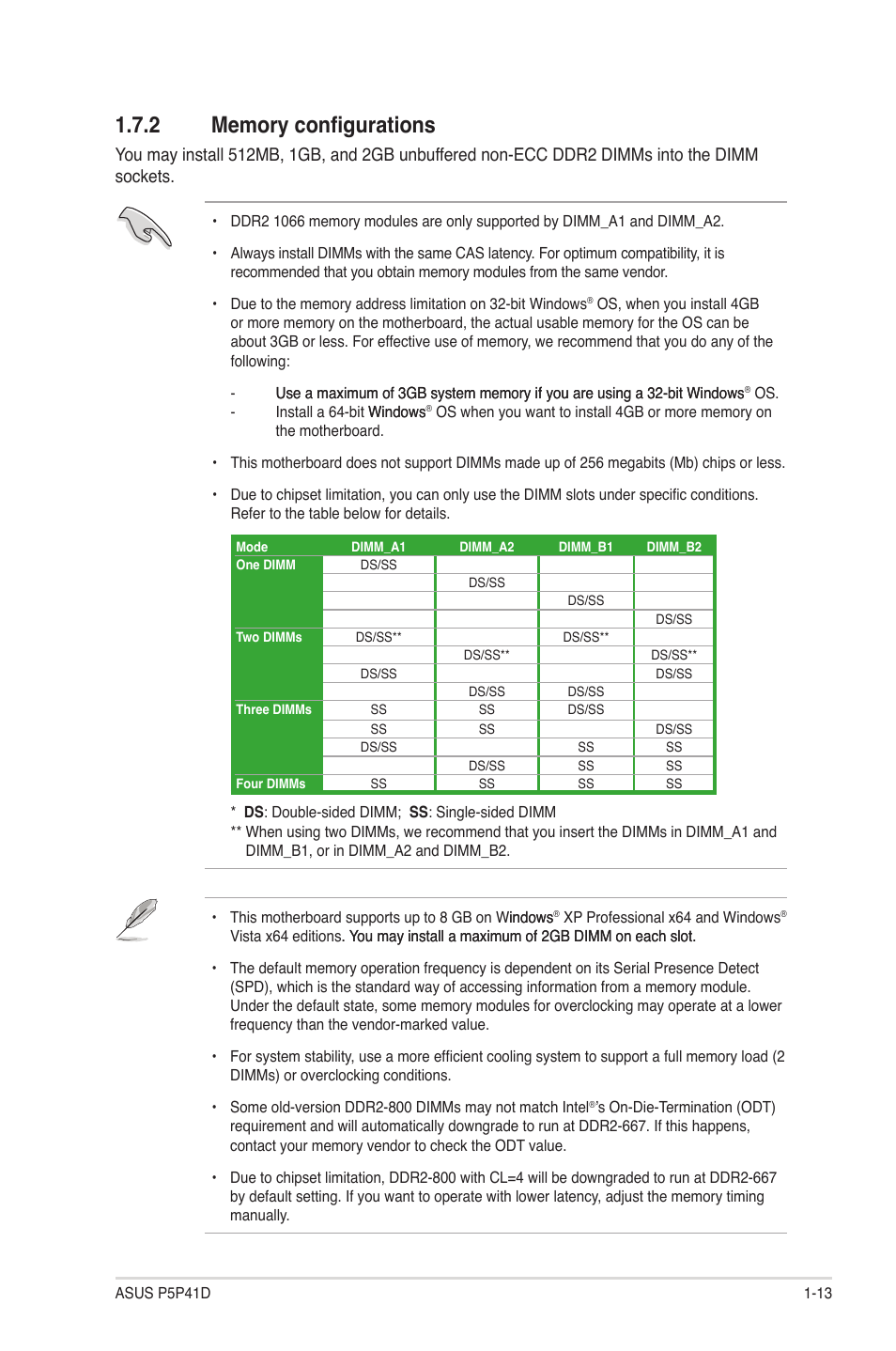 2 memory configurations, Memory configurations -13 | Asus P5P41D User Manual | Page 23 / 58